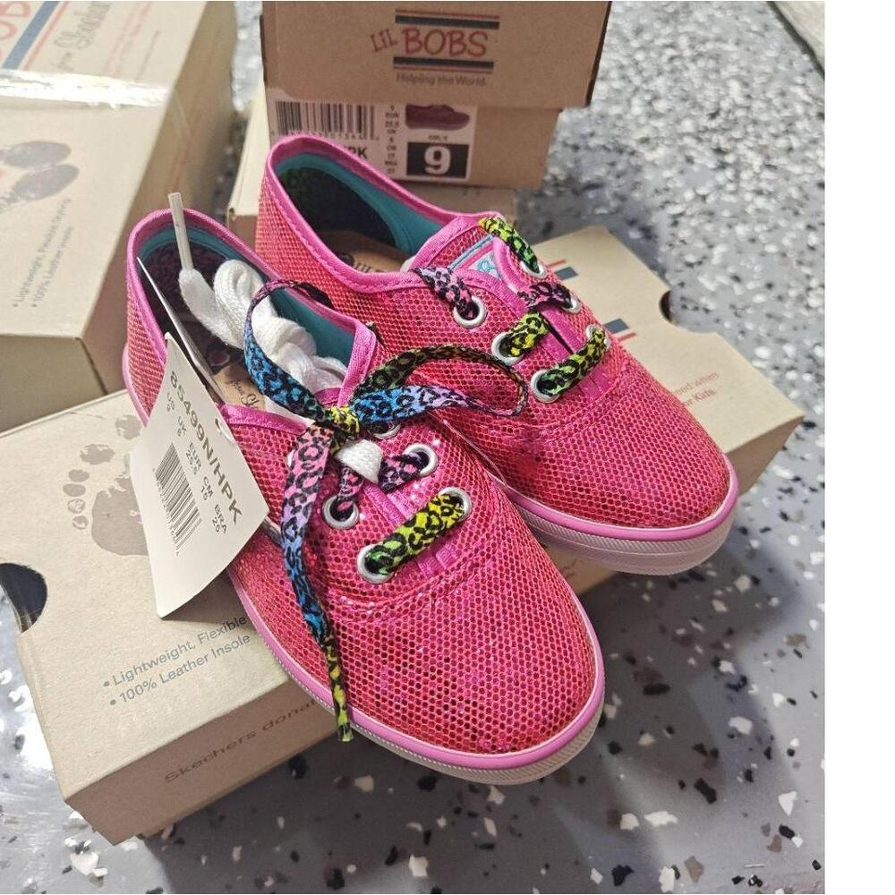 Bobs‎ Skechers Sneakers Boardwalk Pink shimmer glitter leopard laces canvas US 9